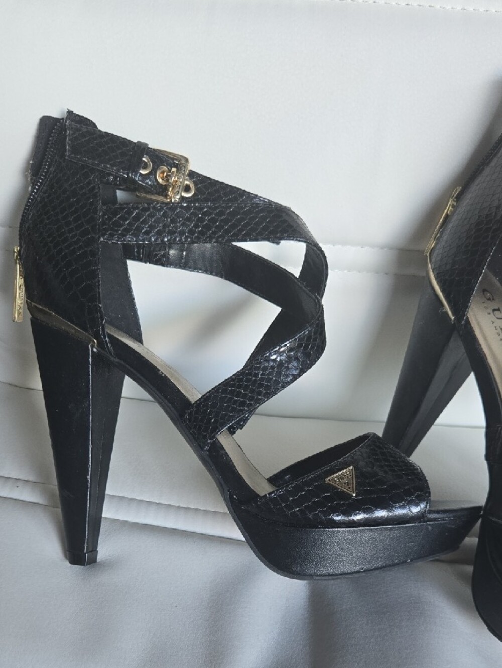 GUESS Black Snake-Texture Strappy High Heel Sandals - Picture 2 of 7